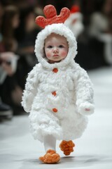 Baby walking runway wearing chicken costume