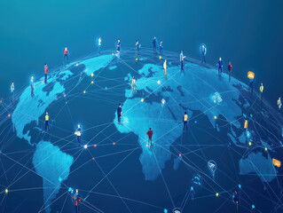 Digital network connecting diverse people globally on a virtual map, symbolizing global communication and connectivity.