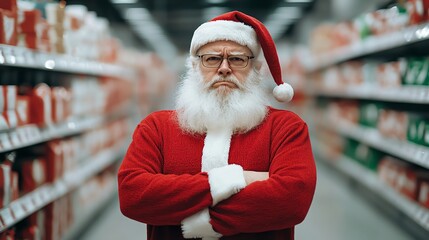 A snarky Santa, arms full of lastminute Christmas returns, standing in line at a store with a deeply annoyed expression