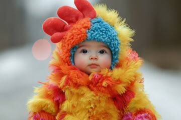 Fototapeta premium Adorable baby wearing colorful rooster costume in winter