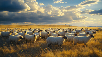 Fototapeta premium Group of sheep grazing peacefully in a golden meadow under a dramatic sunset in a rural landscape