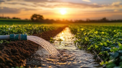 Naklejka premium A calm sunset over a field, where water flows gently from a hose, illustrating the beauty and harmony of agricultural life and nature's gifts.