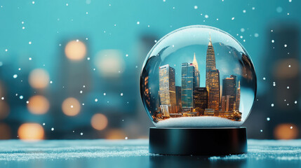 Snow globe featuring city skyline, capturing magical winter scene with falling snowflakes. Business theme.