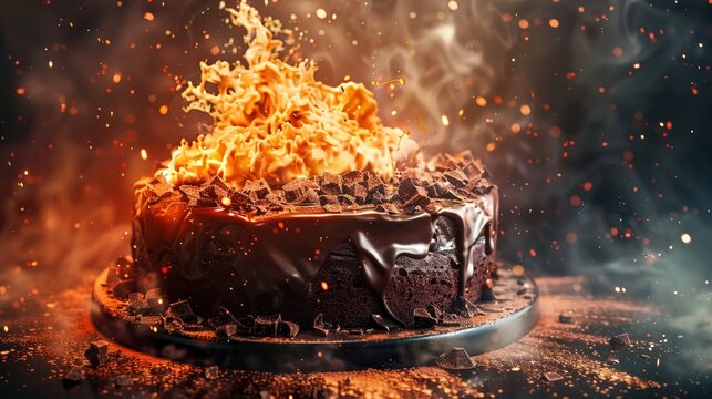 Chocolate cake with a digital explosion effect vibrant colors