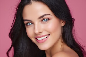 Obraz premium Close-up portrait of a beautiful smiling woman with brown hair, striking blue eyes, healthy skin, and a perfect white smile against a soft pink background.