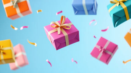 Obraz premium Colorful gift boxes float against bright blue background, surrounded by festive confetti. This cheerful scene evokes feelings of celebration and joy, perfect for any festive occasion.