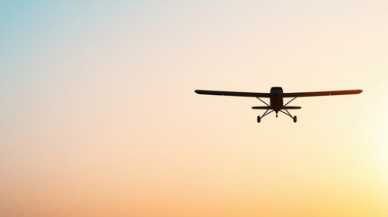 Obraz premium Small airplane flying against colorful sunset sky, showcasing beauty of aviation and tranquility of evening flights. silhouette of aircraft adds sense of adventure and freedom.