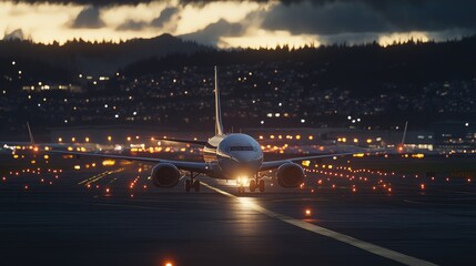Airplane on Runway at Twilight with City Lights