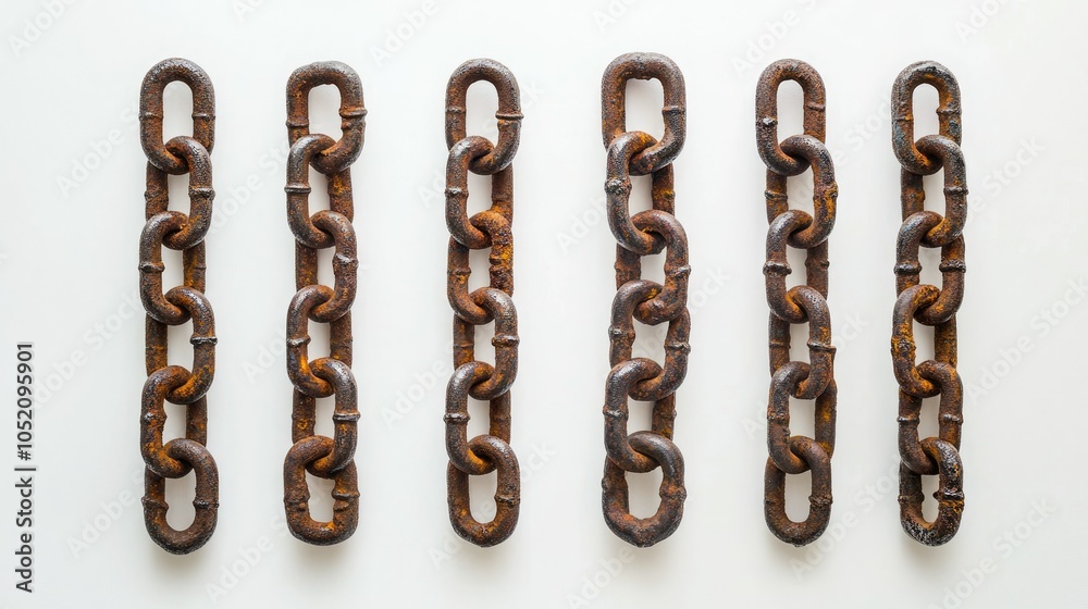 Poster A collection of rusty chain links on a clean white background, highlighting their intricate textures and the beauty of aged metalwork.