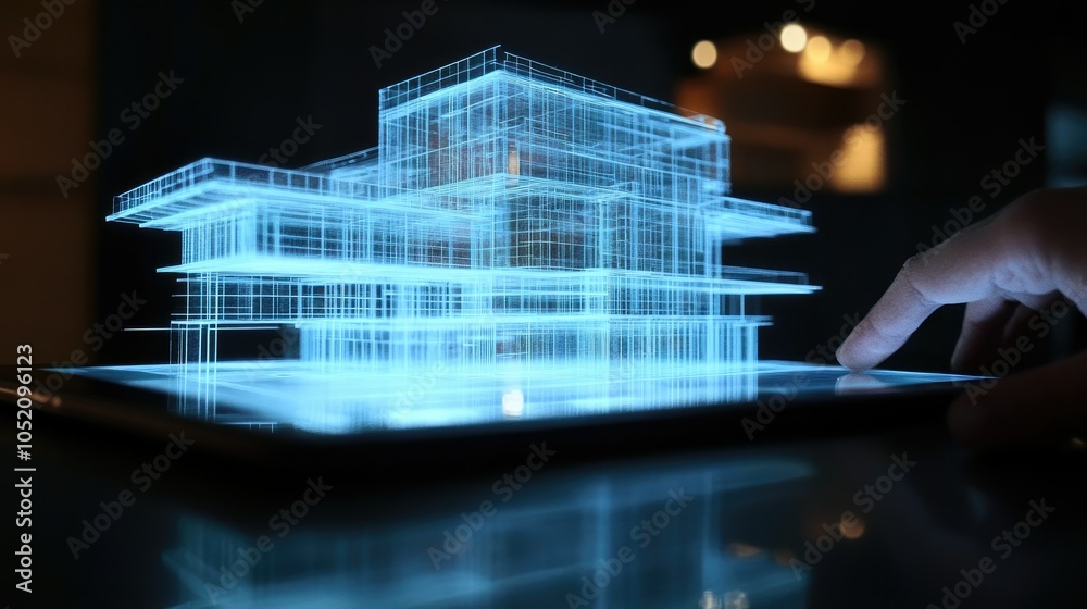 Poster A detailed holographic building model emerges from a tablet, illustrating cutting-edge architecture and advanced technology in design.