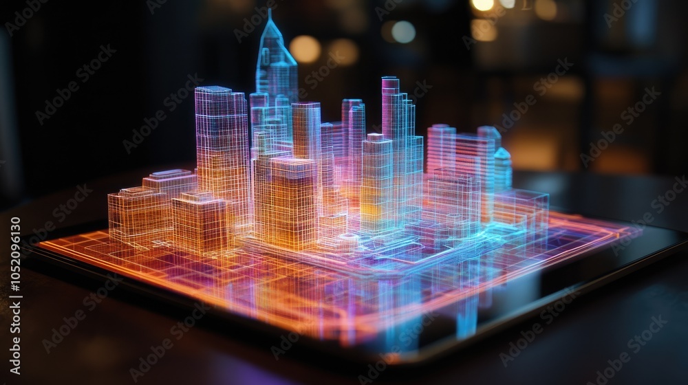 Poster a detailed holographic building model emerges from a tablet, illustrating cutting-edge architecture 