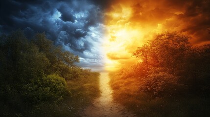 Fototapeta premium Decision making, two paths in a forest, one leading to a dark and stormy sky, the other towards a warm and sunny horizon. generative ai
