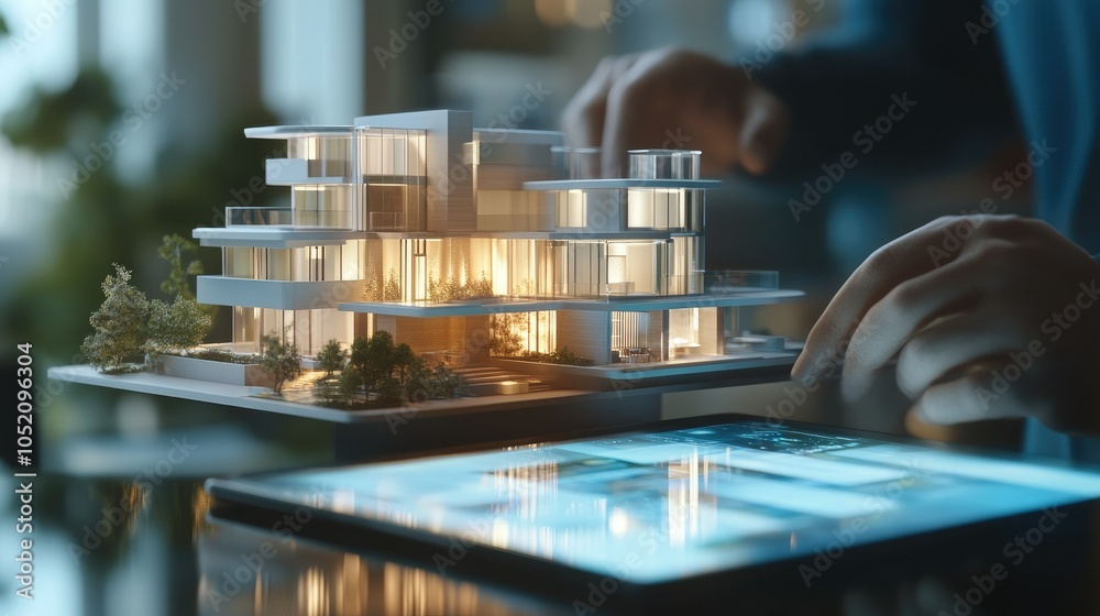 Poster a futuristic holographic architectural model displayed above a digital tablet, highlighting the inte