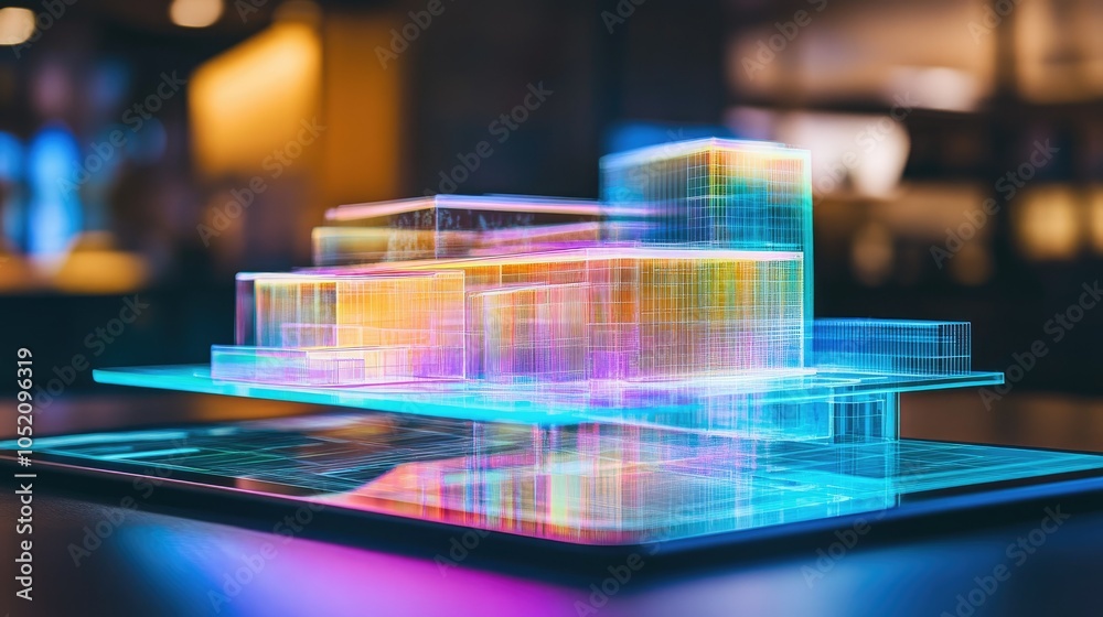 Poster a futuristic holographic model is displayed above a digital tablet, highlighting advanced architectu