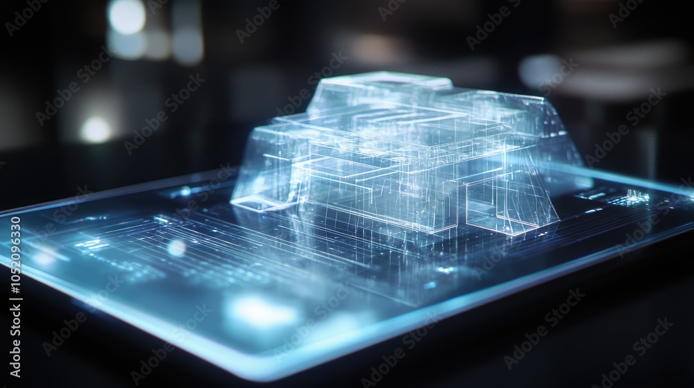 Poster a futuristic holographic model is displayed above a digital tablet, highlighting advanced architectu