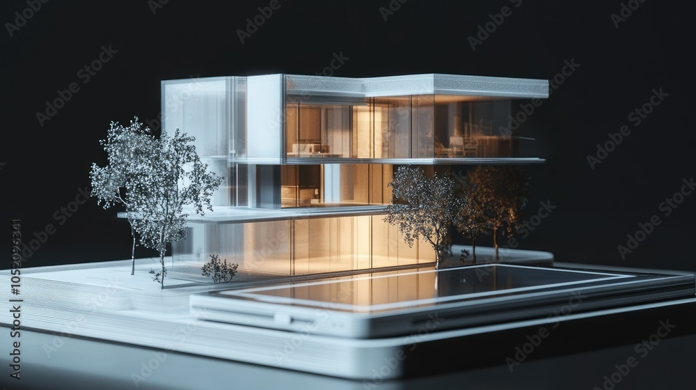 Poster a futuristic holographic model is displayed above a digital tablet, highlighting advanced architectu