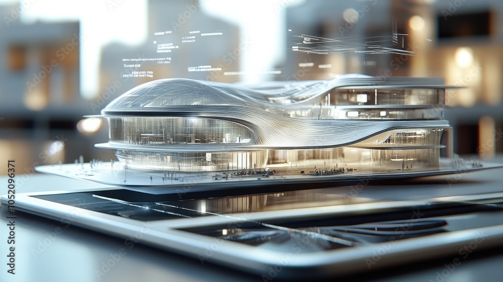 Poster a futuristic holographic model is displayed above a digital tablet, highlighting advanced architectu