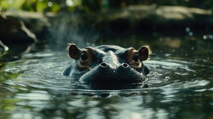 Fototapeta premium Hippo Emerging from Water in Natural Habitat