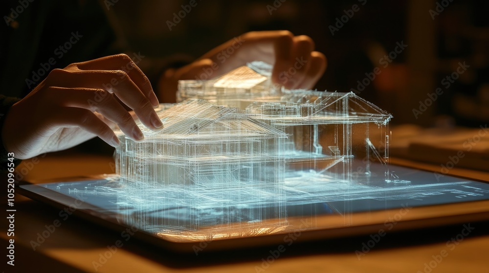 Poster a holographic architectural model emerges from a digital tablet, showcasing innovative structures an