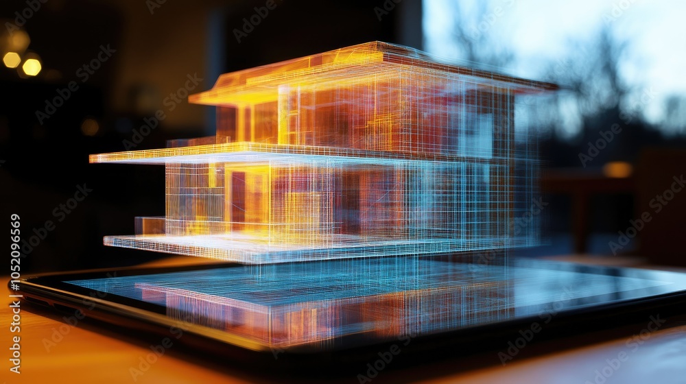 Poster a holographic architectural model emerges from a digital tablet, showcasing innovative structures an