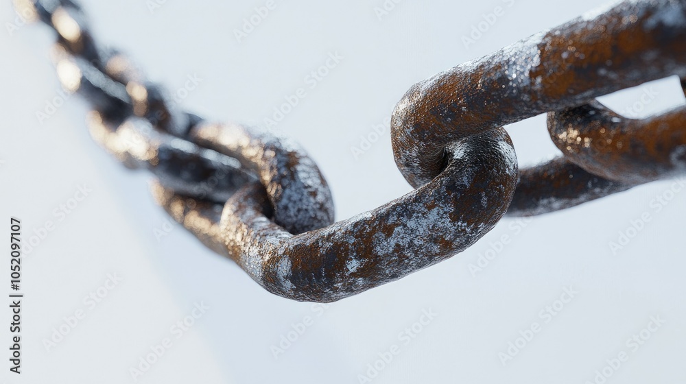 Poster A minimalist portrayal of rusty chain links on a bright white background, emphasizing their detailed textures and aged characteristics.
