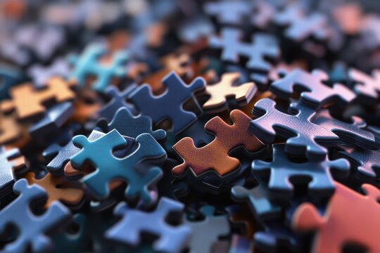 Pile of Puzzle Pieces. Conceptual Jigsaw Puzzle Challenge with Solution in 3D Render