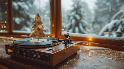 Naklejka premium Vinyl Record Playing Christmas Music by a Window with a Snowy Winter View