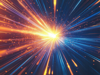 Dazzling explosion of vibrant light beams and particles in motion, creating a cosmic and energetic visual spectacle.