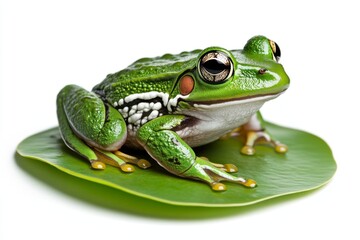 Fototapeta premium a 2D cartoon illustration of a frog sitting on a lily pad pond theme white background