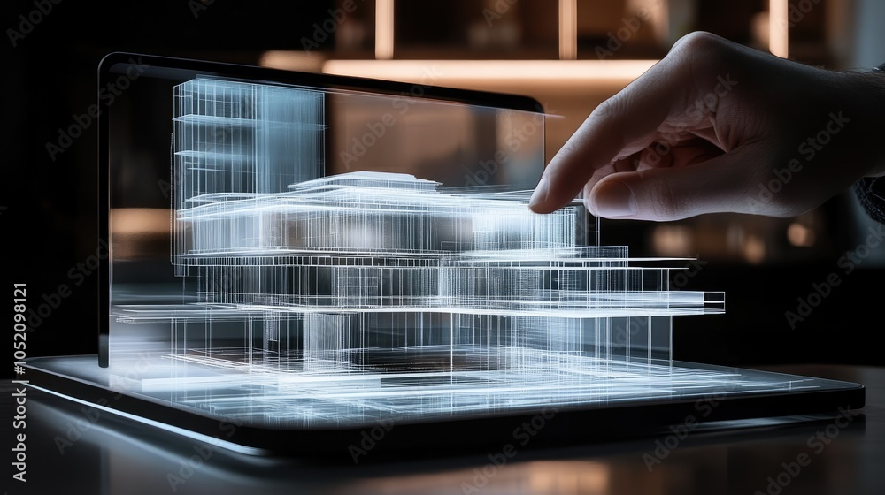 Poster A sleek tablet projects a detailed holographic model of a building, illustrating the future of architecture through cutting-edge technology.