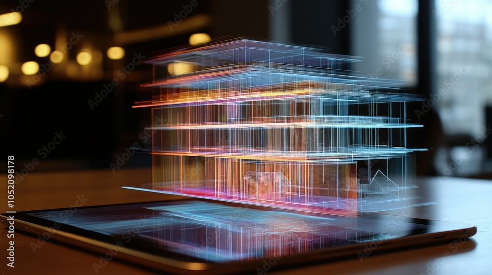 Poster a sleek tablet projects a detailed holographic model of a building, illustrating the future of archi