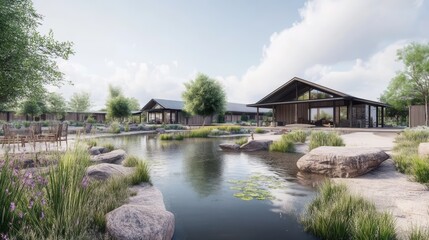 Obraz premium Modern community center design, a rendering showcasing glass, natural light, and innovative architecture