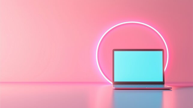 A sleek laptop with a vibrant turquoise screen is positioned against a soft pink backdrop, highlighted by a glowing circular light.
