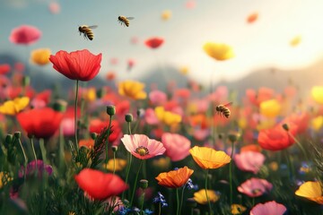 Fototapeta premium 3D view of a meadow of vibrant red and yellow poppies with bees flying above, glowing sunlight, Poppy and bee field, Nature in harmony