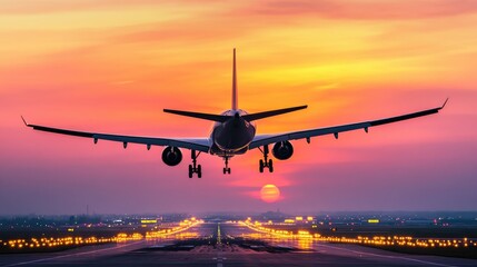 Airplane Landing at Sunset Over Airport Runway
