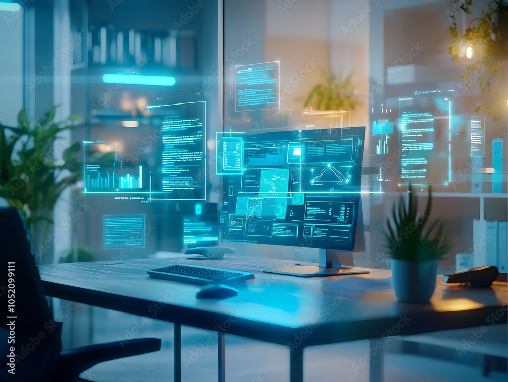 Poster futuristic virtual workspace with augmented reality holographic interfaces and personalized task rem
