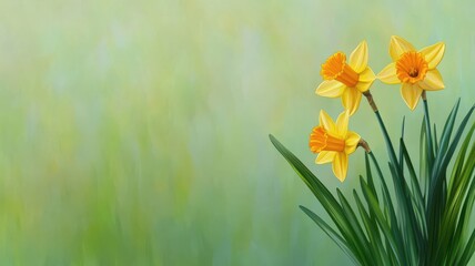 Fototapeta premium Artistic view of a vibrant field of yellow daffodils on a breezy spring day, soft glowing light, Daffodil field, Fresh and joyful springtime