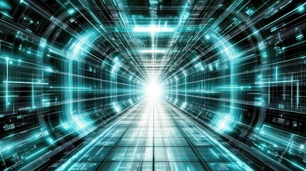 Fototapeta premium High-tech background with blue and green neon lines in a futuristic pattern, representing innovation in science and technology.
