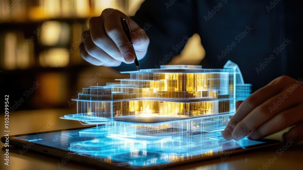 Poster an innovative architectural design is brought to life through a holographic model projected from a t