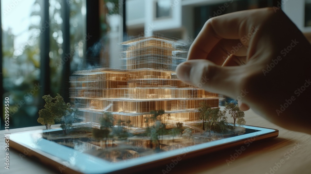 Aufkleber an innovative architectural design is brought to life through a holographic model projected from a t