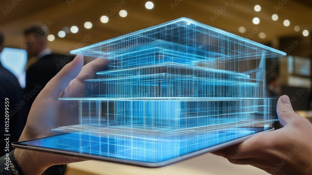 Poster an innovative architectural design is brought to life through a holographic model projected from a t