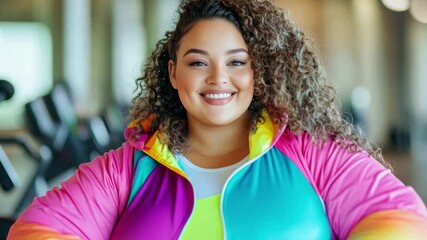 A cheerful plus size woman with curly hair stands confidently in a vibrant athletic jacket at the gym, ready for her workout