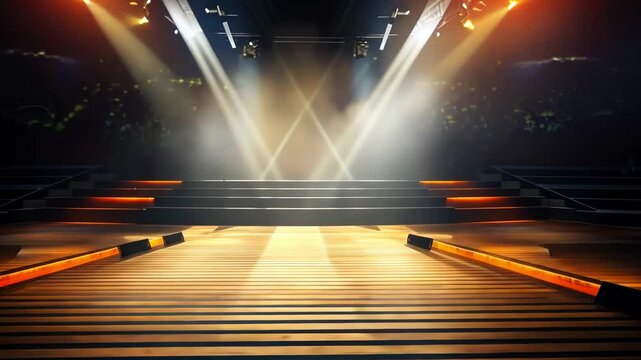dramatic empty stage with illuminated stairs, light smoke and bright spotlights