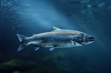 Salmon Swimming Gracefully in Clear Blue Water Under the Surface.