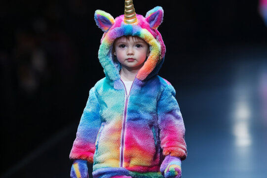Young model wearing colorful rainbow unicorn outfit walking on fashion runway