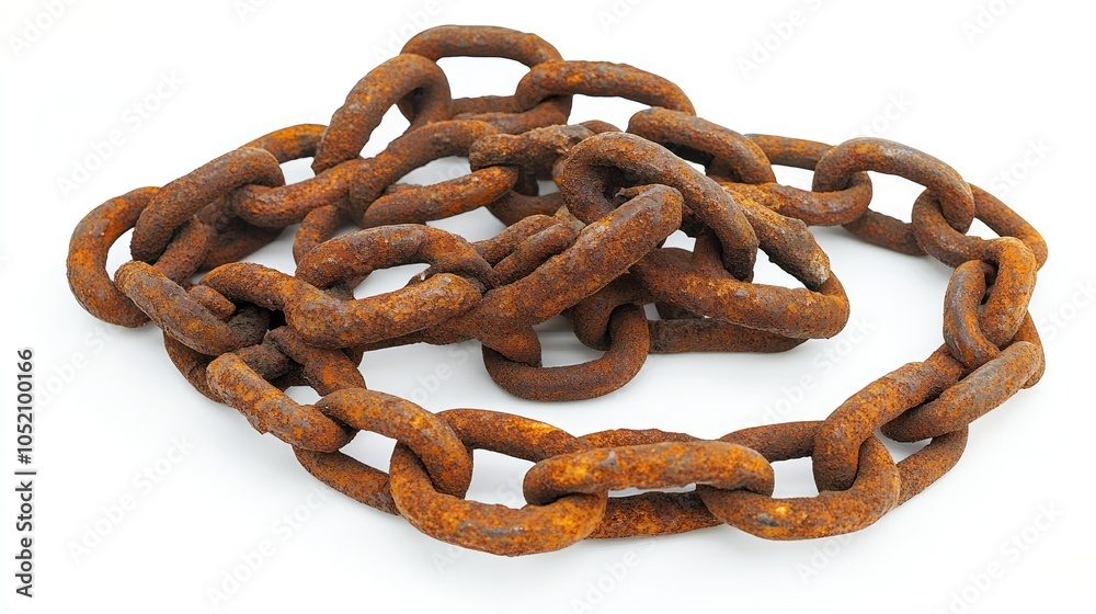 Poster Close-up of rugged rusty chain links on a bright white background, beautifully illustrating the contrast between texture and simplicity.
