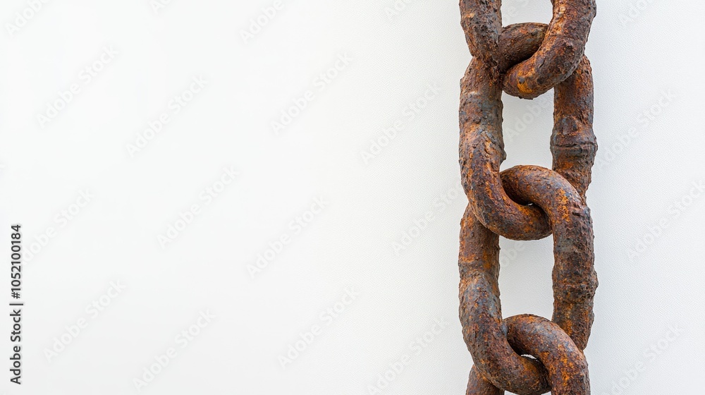 Poster Close-up of rugged rusty chain links on a bright white background, beautifully illustrating the contrast between texture and simplicity.