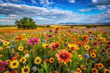 Fototapeta premium A colorful array of wildflowers blooming in the midst of a vibrant savanna landscape, natural scenery, savanna grasses, wildflowers, landscape, african wildlife