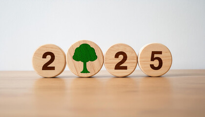 Sustainability and the Future: 2025 Represented with Wooden Tree Icon