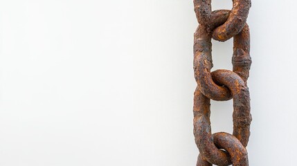 Obraz premium Close-up of rugged rusty chain links on a bright white background, beautifully illustrating the contrast between texture and simplicity.
